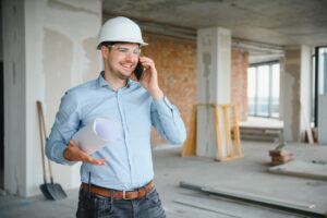 Zdjęcie ilustracyjne - osoba w kasku rozmawiająca przez telefon na budowie